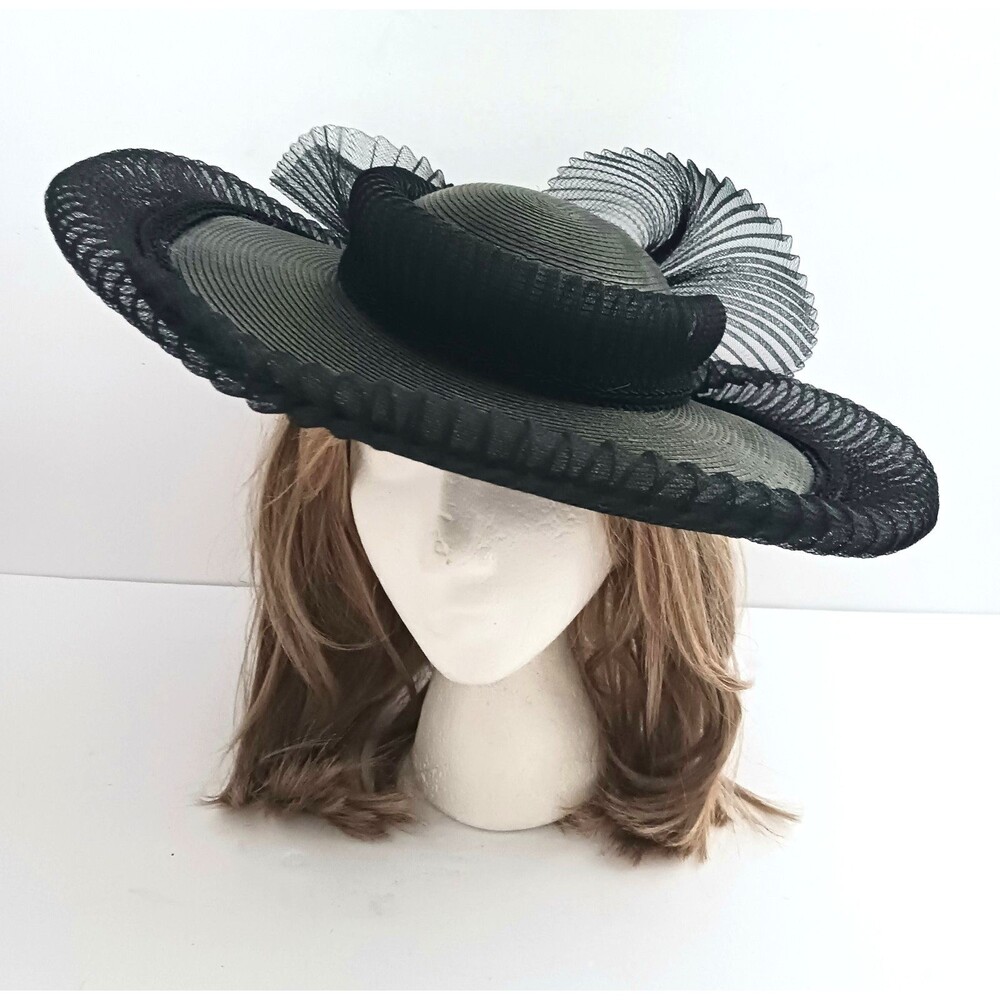 NWT VTG Styled by Lloyd Blk Lacquer Straw Wide Brim  Hat Tulle Trim